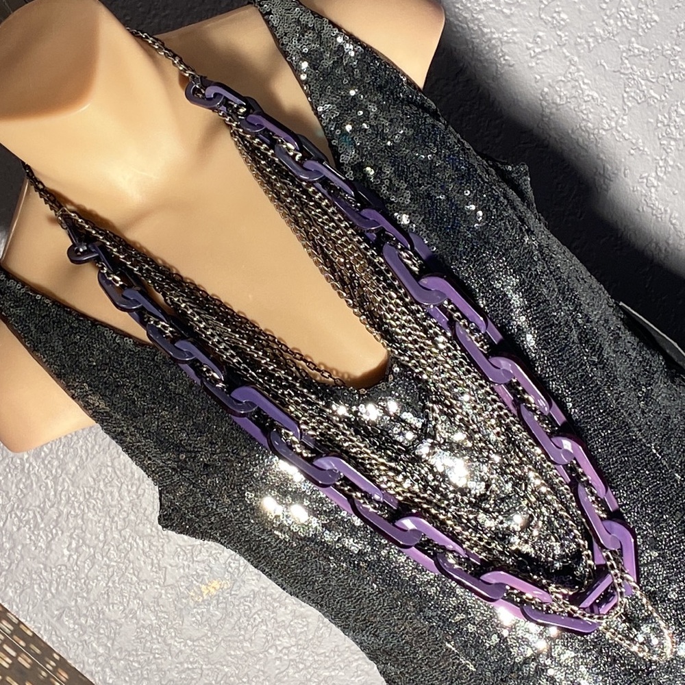 ADIA KIBUR - signed runway necklace w purple lucite links and multi metal chains